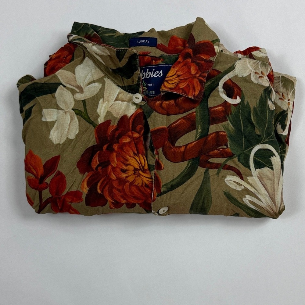 Chubbies Mens L Sunday Shirt Olive Green Floral Snake Print Rayon SS Button Up - Picture 3 of 8